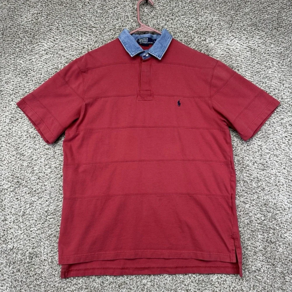 Vintage 90s Polo Ralph Lauren Polo Shirt Men's Size Large Red Denim Collar Rugby